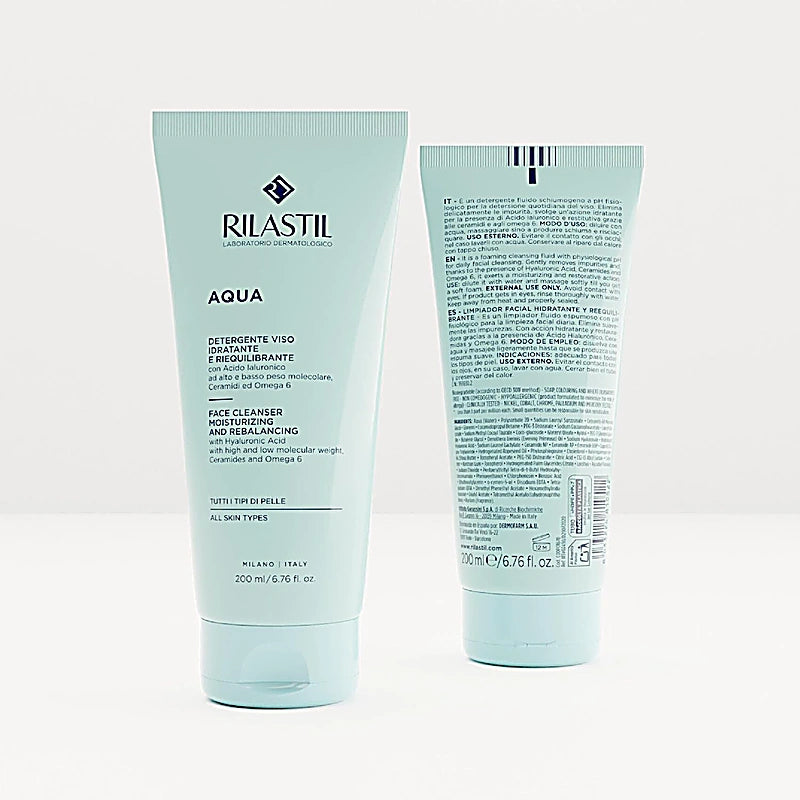 Two Rilastil Aqua skincare products on a light gray background