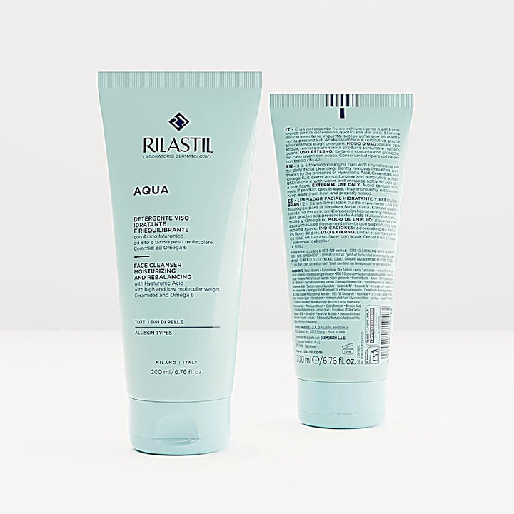 Two Rilastil Aqua skincare products on a light gray background