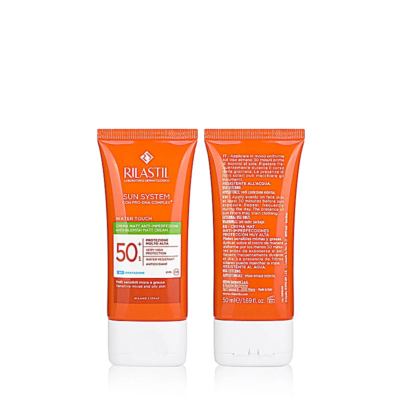 Two Rilastil sunscreen tubes on a white background