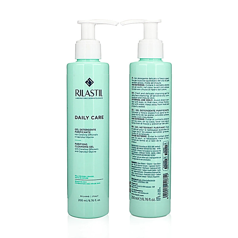 Two bottles of Rilastil Daily Care cleansing gel on a white background