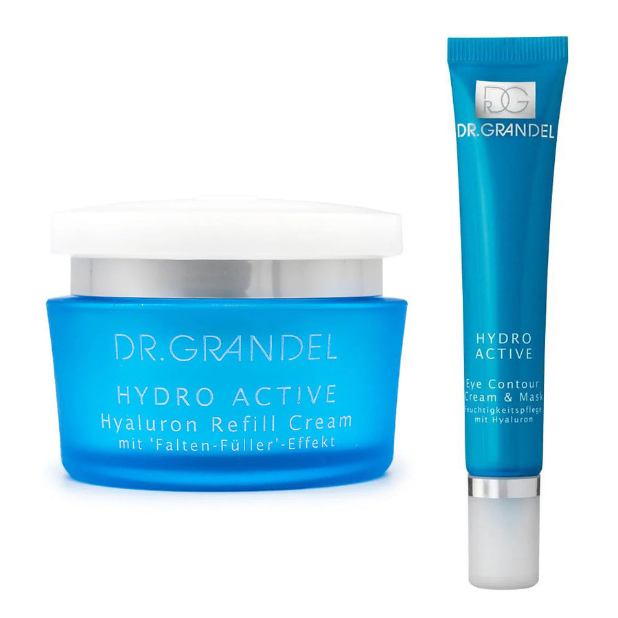 Two tubes of Dr. Grandel Hyaluron Refill Cream and Hydro Active Eye Contour Cream & Mask with a white and blue design.