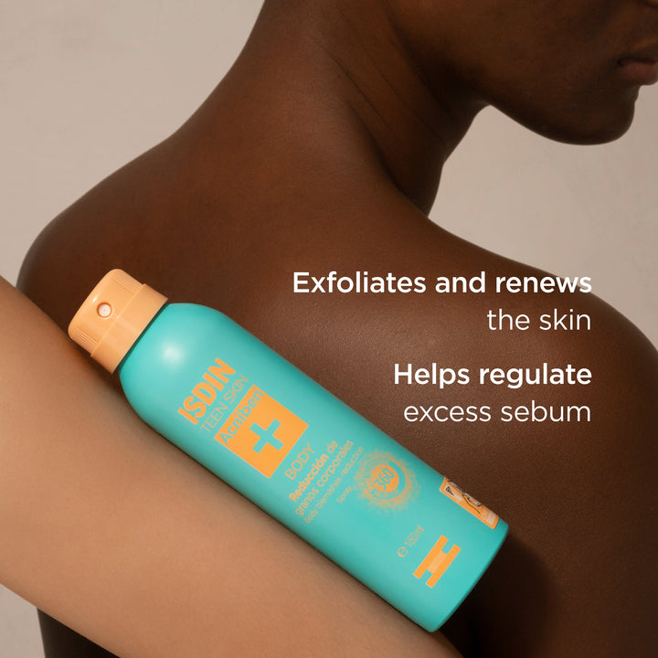 ISDIN Teen Skin Acniben Body Blemishes Spray for oily acne-prone skin exfoliates and controls excess sebum on back and shoulders