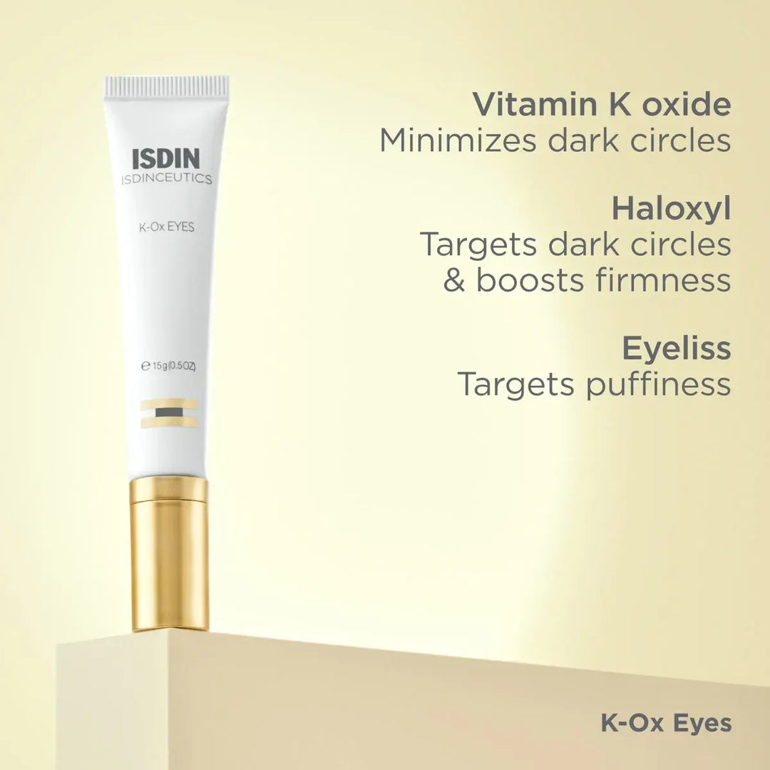 ISDIN Isdinceutics Rejuvenate K-Ox Eyes Cream minimizes dark circles and reduces puffiness with vitamin K oxide, Haloxyl, and Eyeliss.