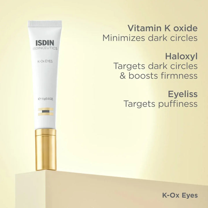ISDIN Isdinceutics Rejuvenate K-Ox Eyes Cream minimizes dark circles and reduces puffiness with vitamin K oxide, Haloxyl, and Eyeliss.