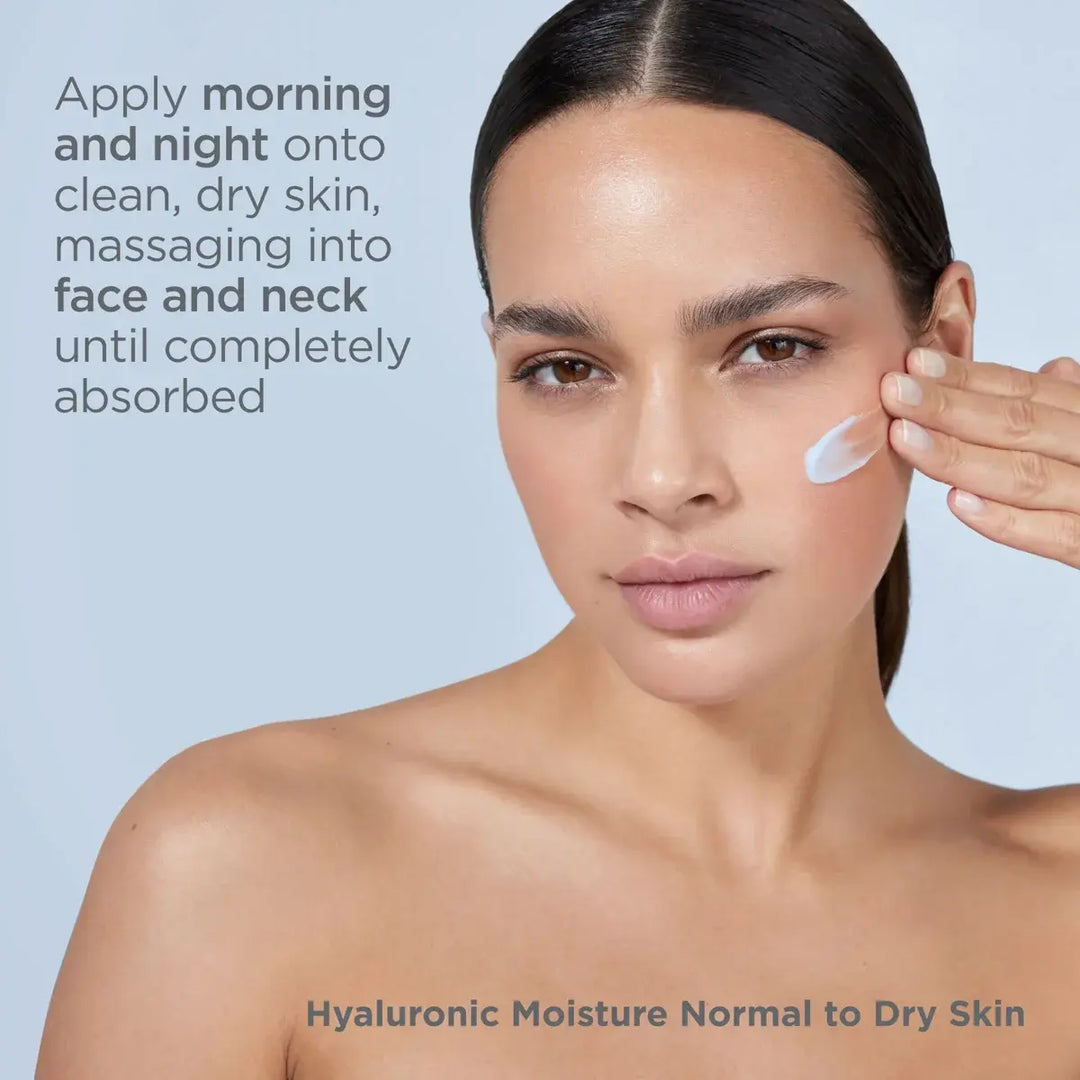 Woman applying ISDIN Isdinceutics Hyaluronic Moisture Cream on face and neck for normal to dry skin hydration and anti-aging benefits