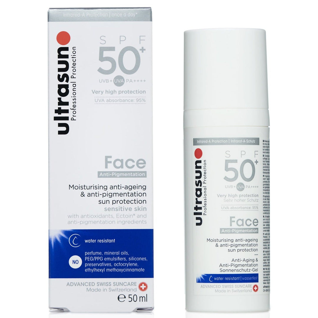 Ultrasun Anti Pigmentation Face SPF 50+ lotion, 50ml bottle, high sun protection skincare.