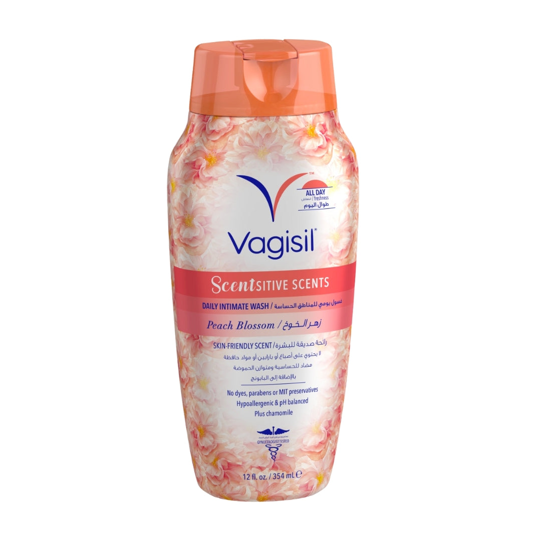 Vagisil Scentsitive Scents Peach Blossom Wash, hypoallergenic and pH balanced.