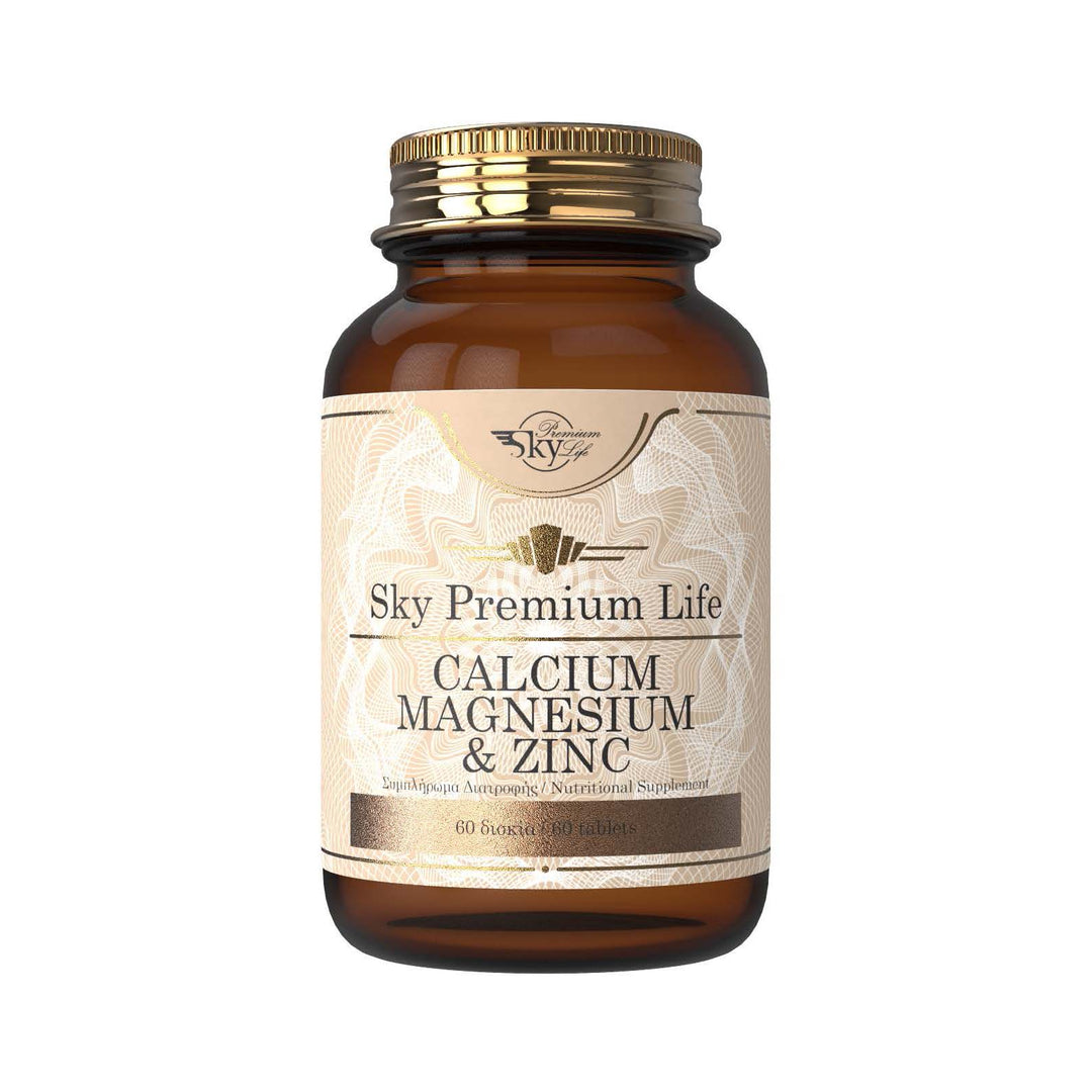 Vitamin supplement bottle labeled 'Sky Premium Life Calcium Magnesium & Zinc' on a white background