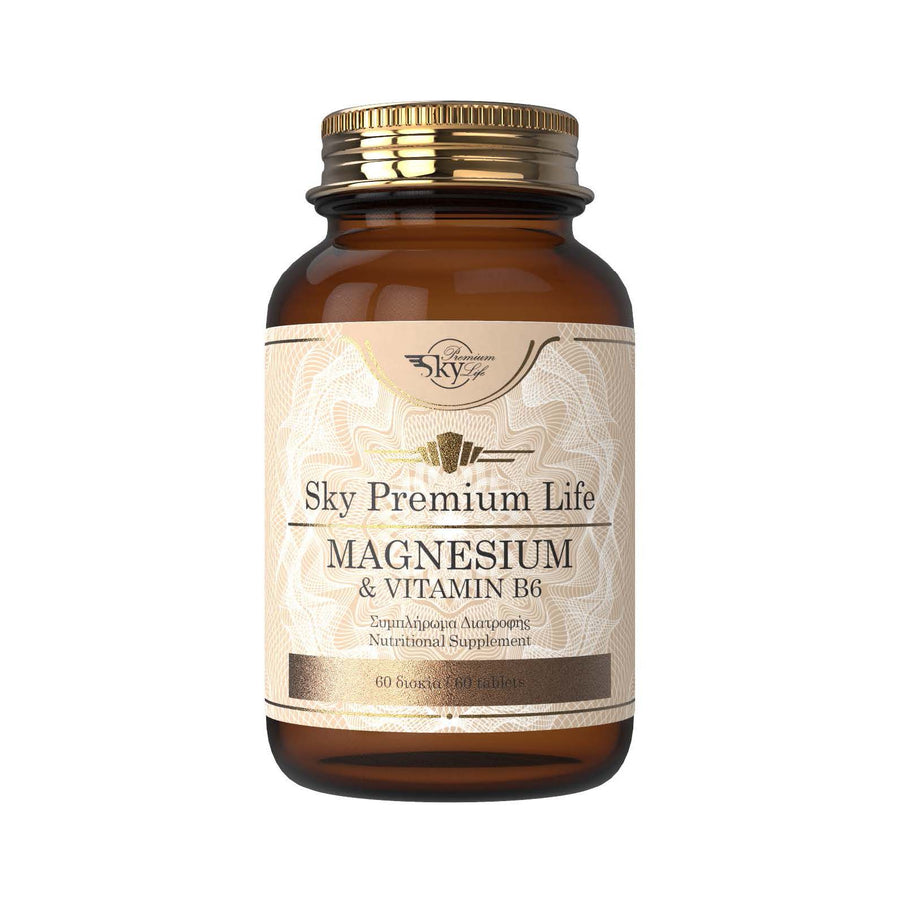Vitamin supplement bottle labeled 'Sky Premium Life Magnesium & Vitamin B6' on a white background