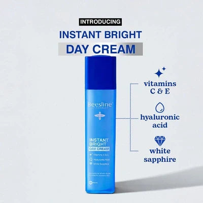 Beesline Instant Bright Day Cream bottle with vitamins C & E, hyaluronic acid, and white sapphire for hydration and skin brightening