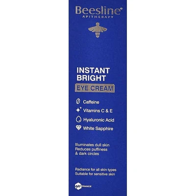 Beesline Instant Bright Eye Cream packaging highlighting caffeine, vitamins C & E, hyaluronic acid, and white sapphire for reducing puffiness and dark circles