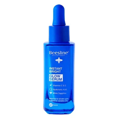 Beesline Instant Bright Glow Serum 30ml blue bottle for radiant skin and hyperpigmentation treatment