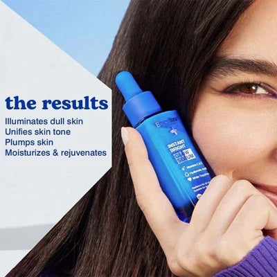 Beesline Instant Bright Glow Serum bottle held by woman, highlighting radiant and plump skin benefits