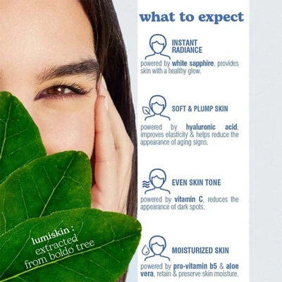 Beesline Instant Bright glow serum benefits including instant radiance, soft plump skin, even skin tone, and moisturized skin with key ingredients.