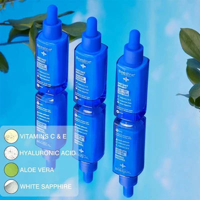 Beesline Instant Bright Glow Serum 30ml blue bottle with vitamins C & E, hyaluronic acid, aloe vera, and white sapphire on reflective surface