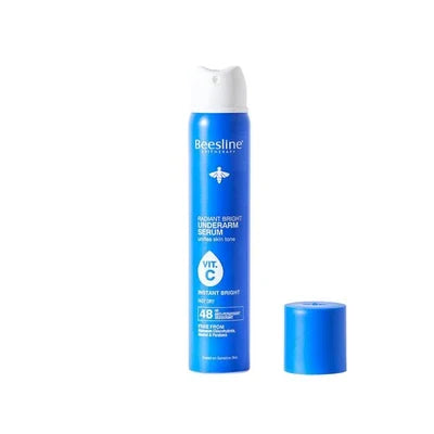 Beesline Radiant White underarm serum bottle with blue packaging for instant brightening and skin tone unification