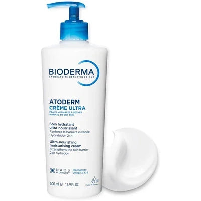 Bioderma Atoderm Cream ultra-nourishing moisturizer for dry skin 500ml bottle with pump and cream texture.