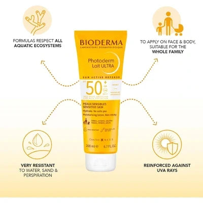 Bioderma Photoderm Lait Ultra SPF 50+ sunscreen for sensitive skin, 200ml, water-resistant, UVA protection, family-safe, moisturizing lotion