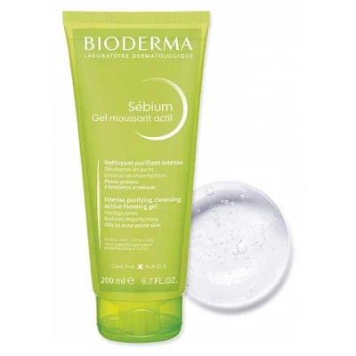Bioderma Sébium Gel Moussant Actif 200ml gentle foaming cleanser for acne-prone skin with salicylic and glycolic acid, unclogs pores and reduces imperfections