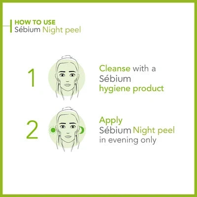 Instructions for applying Bioderma Sebium Night peel with facial illustrations
