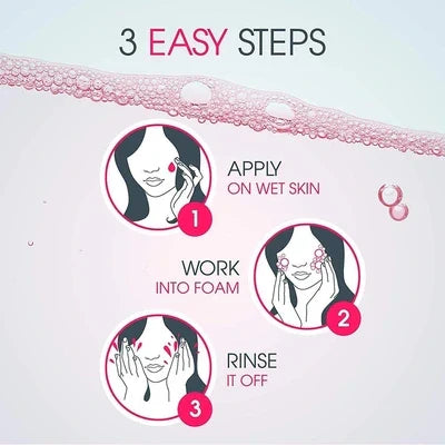 Bioderma Sensibio Gel usage steps applying on wet skin, foaming, and rinsing off for gentle cleansing.