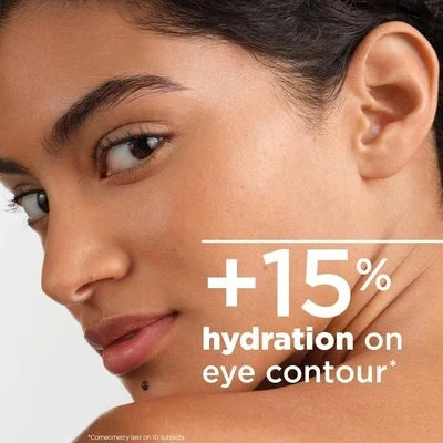 close-up of woman’s face highlighting +15% hydration on eye contour with Bioderma Sensibio H2O eye makeup remover