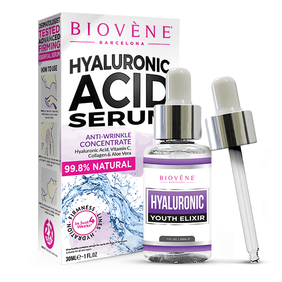 Biovene Hyaluronic Acid Serum bottle and packaging, 30ml for intense hydration and wrinkle reduction.