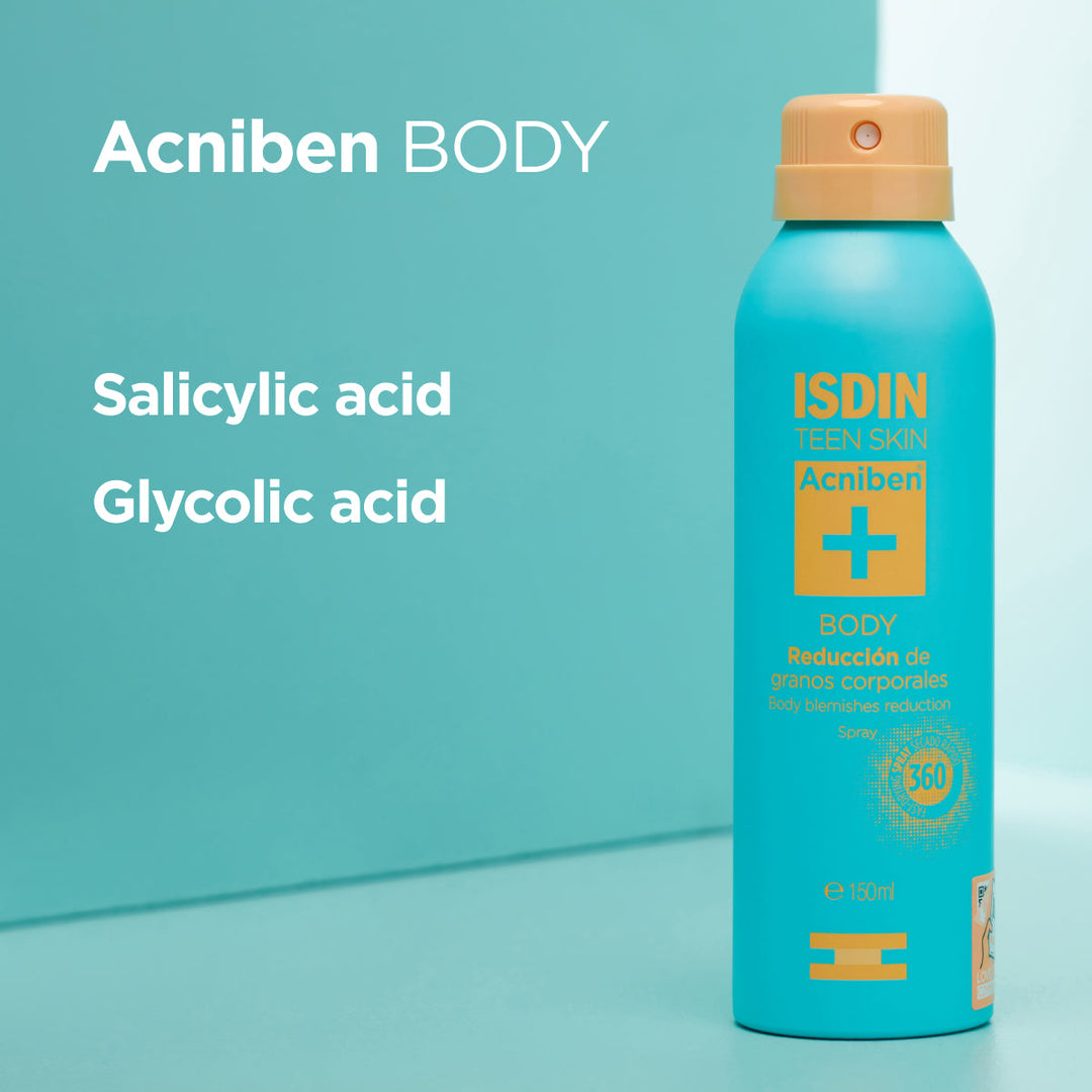 ISDIN Teen Skin Acniben Body Spray 150ml for oily, acne-prone skin with salicylic and glycolic acid