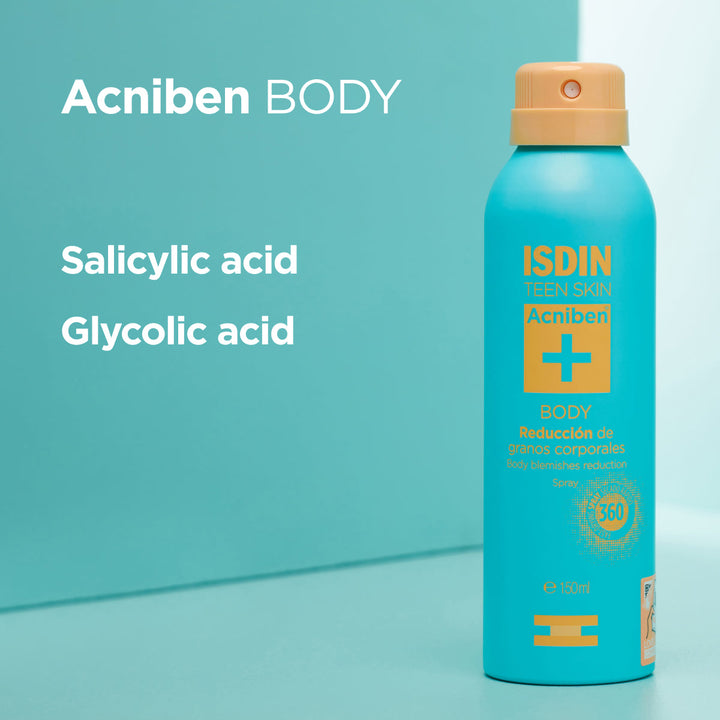 ISDIN Teen Skin Acniben Body Spray 150ml for oily, acne-prone skin with salicylic and glycolic acid