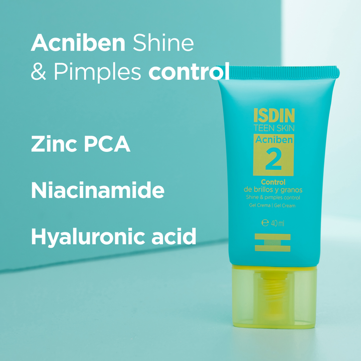 ISDIN Teen Skin Acniben Oil-Control Gel-Cream 40ml with zinc PCA, niacinamide, and hyaluronic acid for shine and pimples control