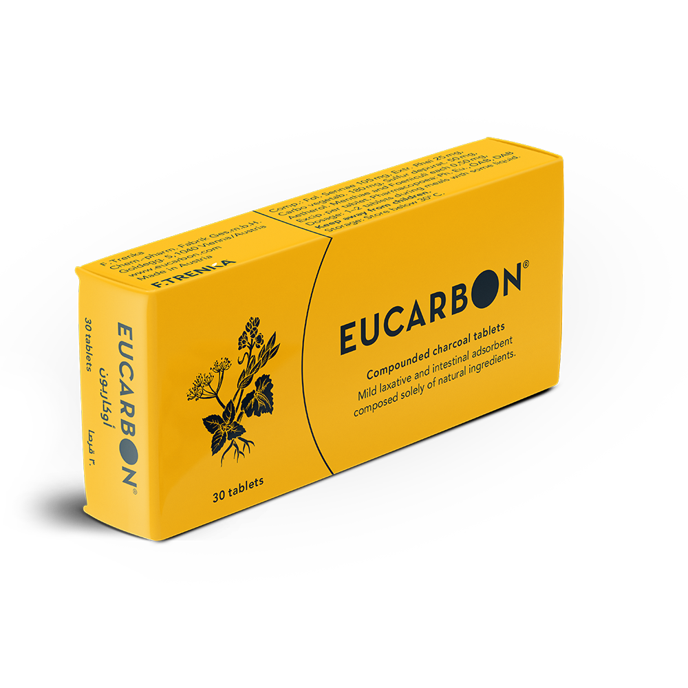 Eucarbon Tablets packaging with natural digestive aid description.