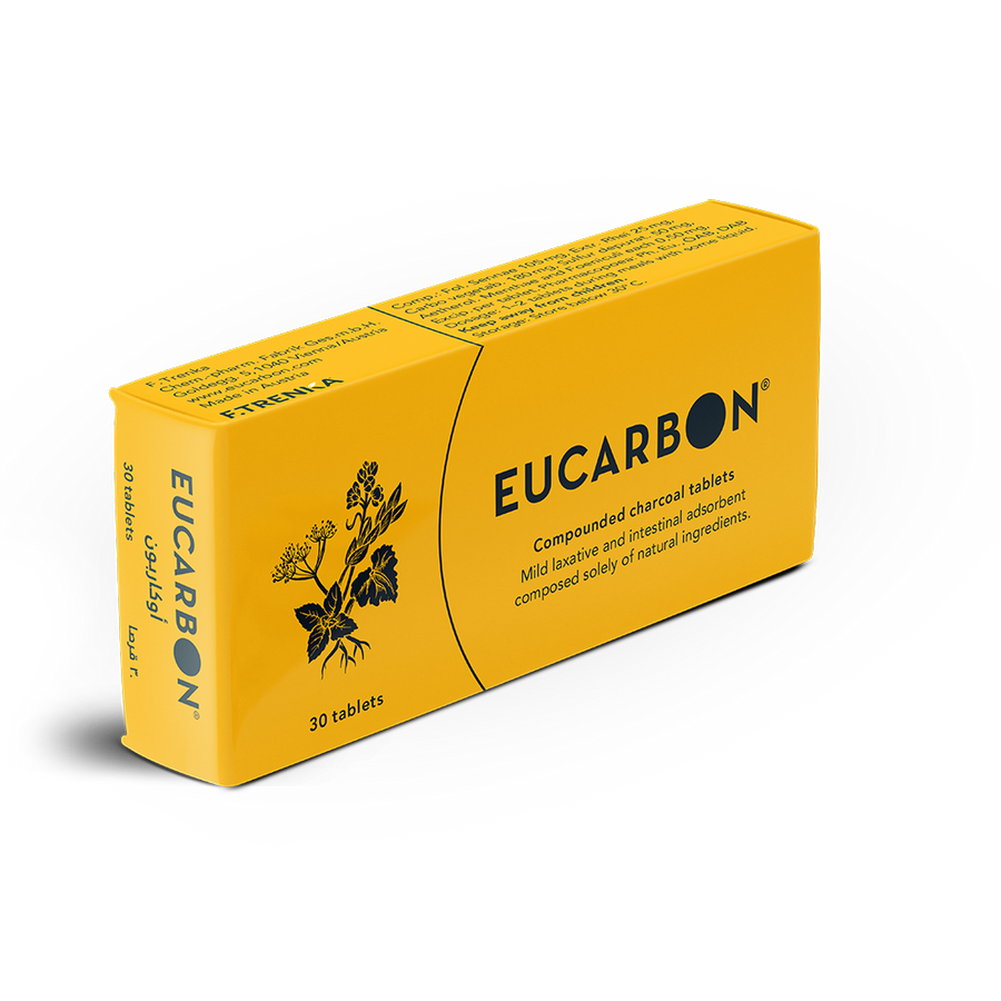 Eucarbon Tablets packaging with natural digestive aid description.