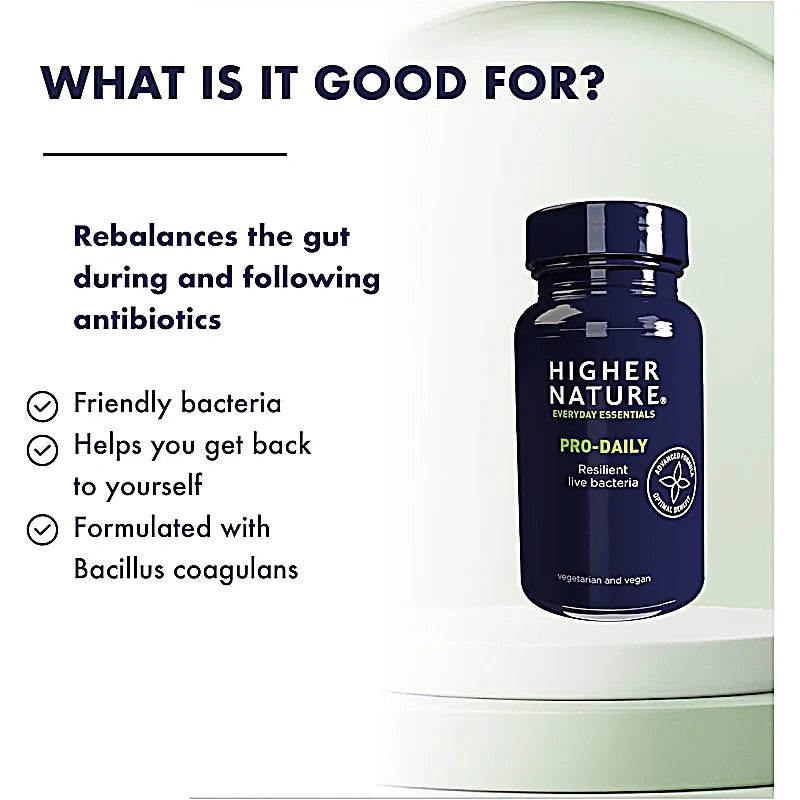 Higher Nature Pro-Daily Hardy L. Bacteria supplement supporting gut health with hardy spore bacteria and FOS, dairy-free and no refrigeration needed