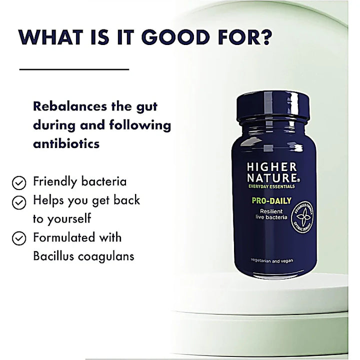 Higher Nature Pro-Daily Hardy L. Bacteria supplement supporting gut health with hardy spore bacteria and FOS, dairy-free and no refrigeration needed