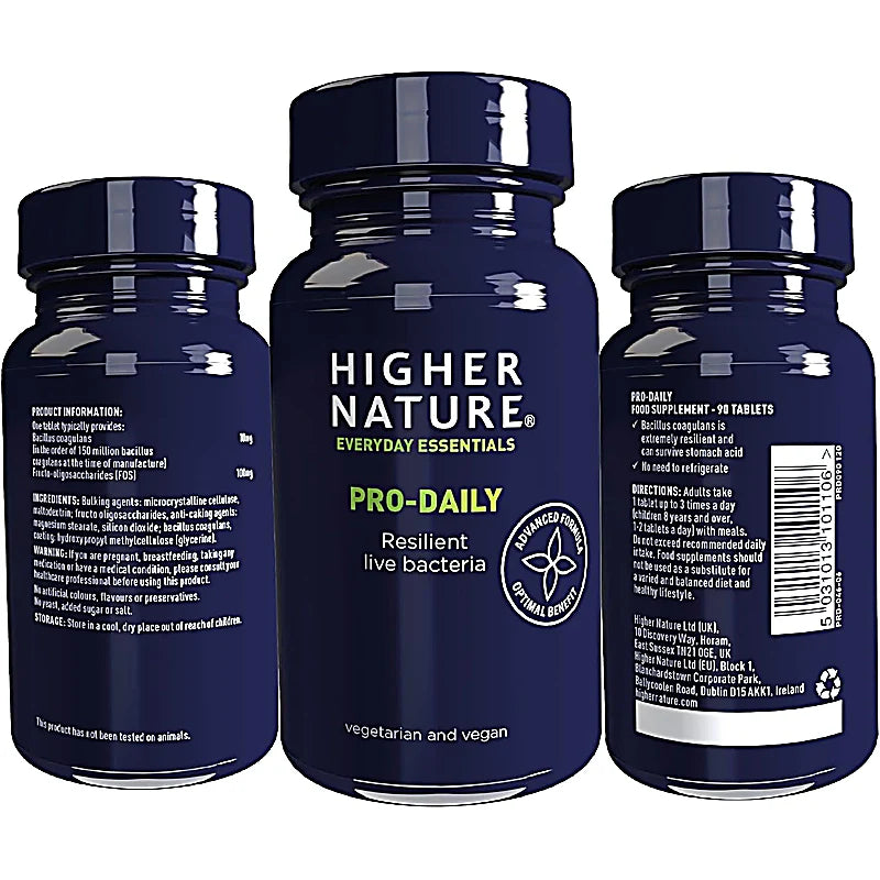 Higher Nature Pro-Daily Hardy L. Bacteria 90S supplement supporting gut health with hardy spores and FOS, dairy-free and no refrigeration needed