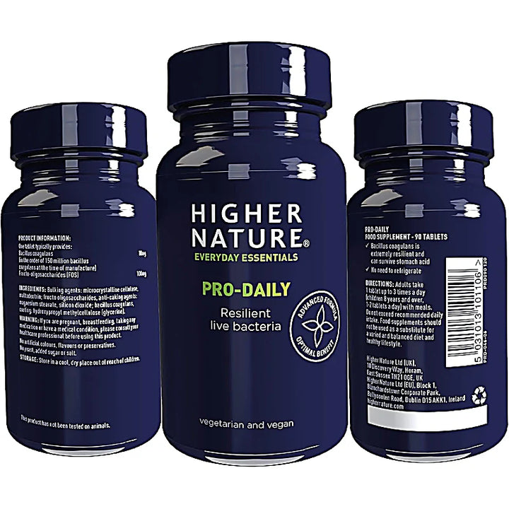 Higher Nature Pro-Daily Hardy L. Bacteria 90S supplement supporting gut health with hardy spores and FOS, dairy-free and no refrigeration needed