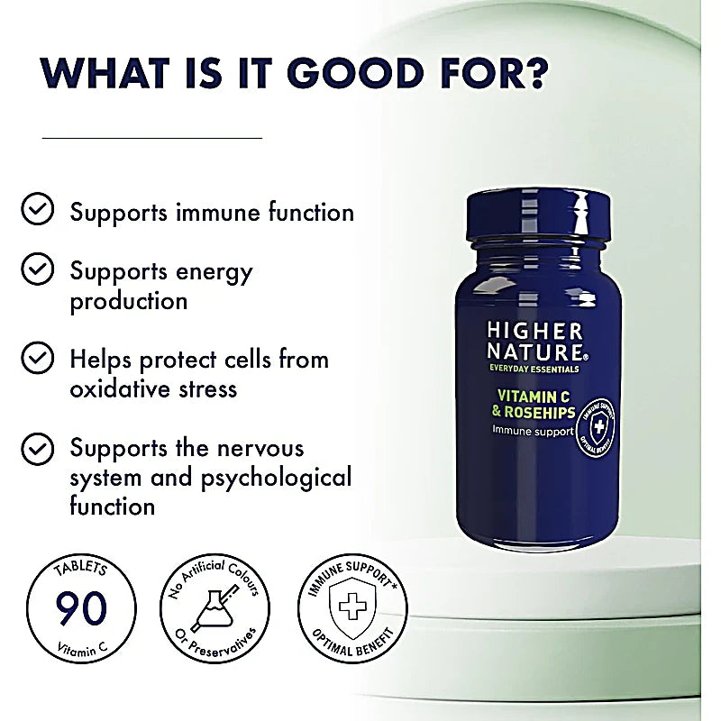 Higher Nature Rosehips C 90S tablets for increased iron absorption, vegetarian and vegan friendly