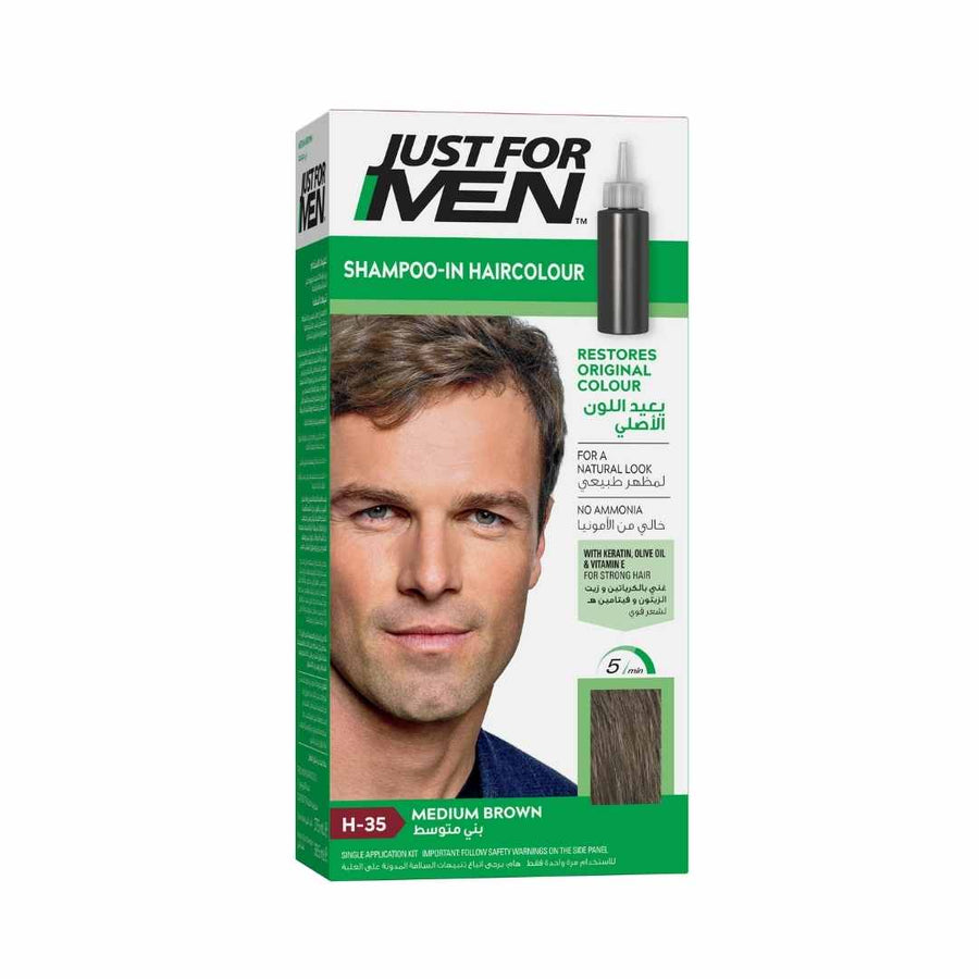 Just For Men X 3 Shampoo-In Color box, Medium Brown H-35, professional results, 5-minute application, lasts up to 8 weeks.