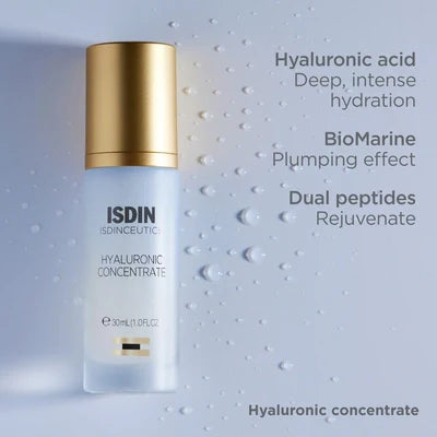 ISDIN Isdinceutics Hyaluronic Concentrate serum bottle with water droplets highlighting hydration and skin benefits