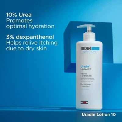 ISDIN Hydration Ultra10 Ureadin Ultra 10 Repairing Lotion Plus 400ml bottle with hydration and skin relief benefits text on blue background