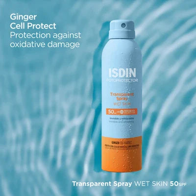 ISDIN Fotoprotector Transparent Spray SPF50 body sunscreen with Ginger Cell Protect and wet skin technology in 250ml bottle