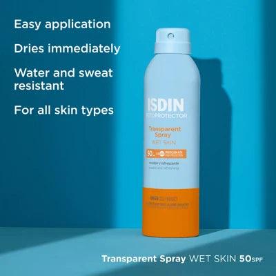 ISDIN Fotoprotector Transparent Spray SPF50 body sunscreen with antioxidant ginger extract, quick-drying, water-resistant for all skin types