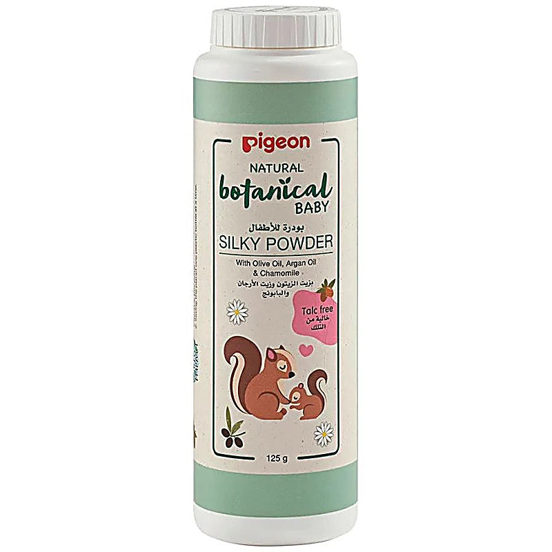 Pigeon Natural Botanical Baby Silky Powder 125g bottle with cornstarch formula.
