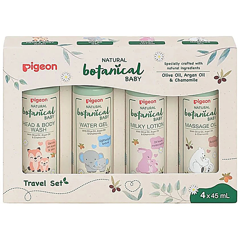 Pigeon Natural Botanical Baby Gift Set with Head & Body Wash
 Water Gel
 Shampoo
 Massage Oil
 travel-friendly pack.