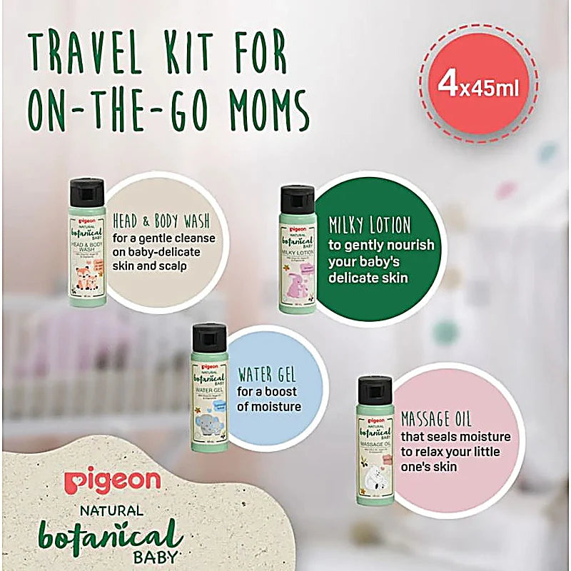 Pigeon Natural Botanical baby gift set with head & body wash, water gel, shampoo, and massage oil in travel-size bottles