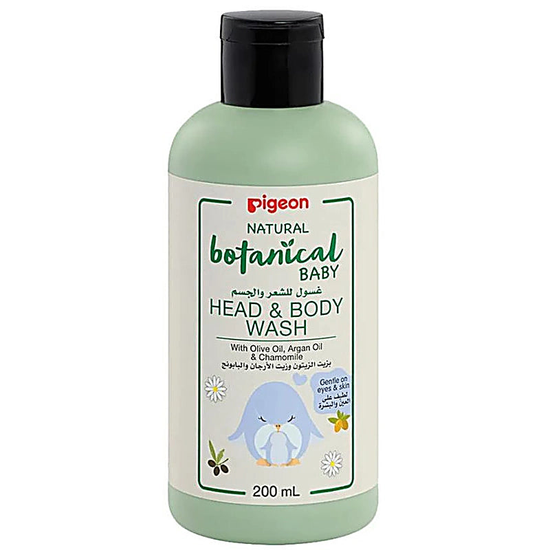 Pigeon Natural Botanical Baby Head & Body Wash 200ml bottle with olive oil and chamomile.