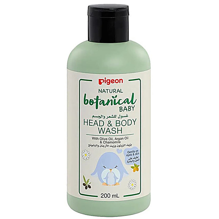 Pigeon Natural Botanical Baby Head & Body Wash 200ml bottle with olive oil and chamomile.