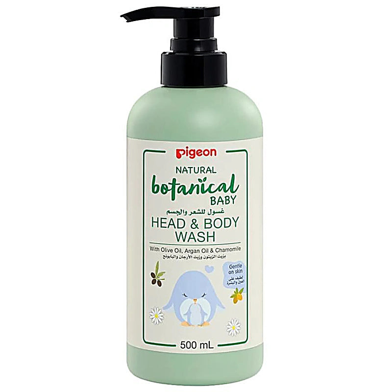 Pigeon Natural Botanical Baby Head & Body Wash 500ml bottle with nourishing formula for delicate skin and hair.
