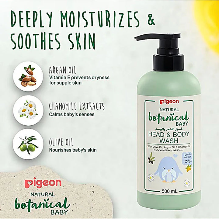 Pigeon Natural Botanical Baby Head & Body Wash 500ml gentle nourishing 2-in-1 baby cleanser with jojoba chamomile argan olive extracts