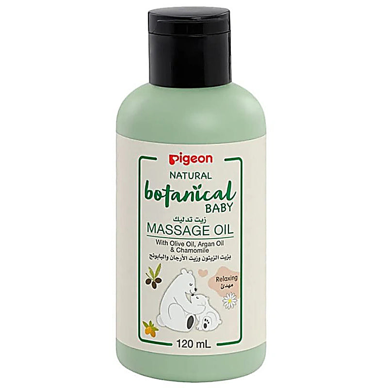 Pigeon Natural Botanical Baby Massage Oil 120ml bottle with hypoallergenic formula enriched with jojoba and chamomile for sensitive baby skin.